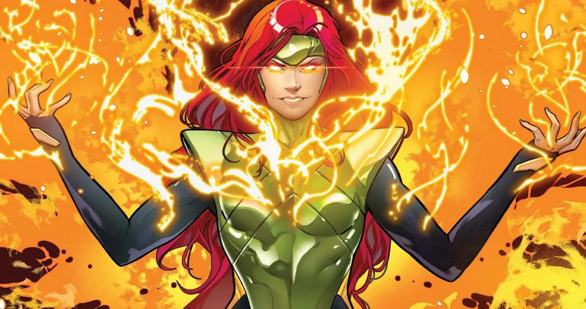 Jean Grey ascendendo como a Fênix, com poder e determinação em seus olhos