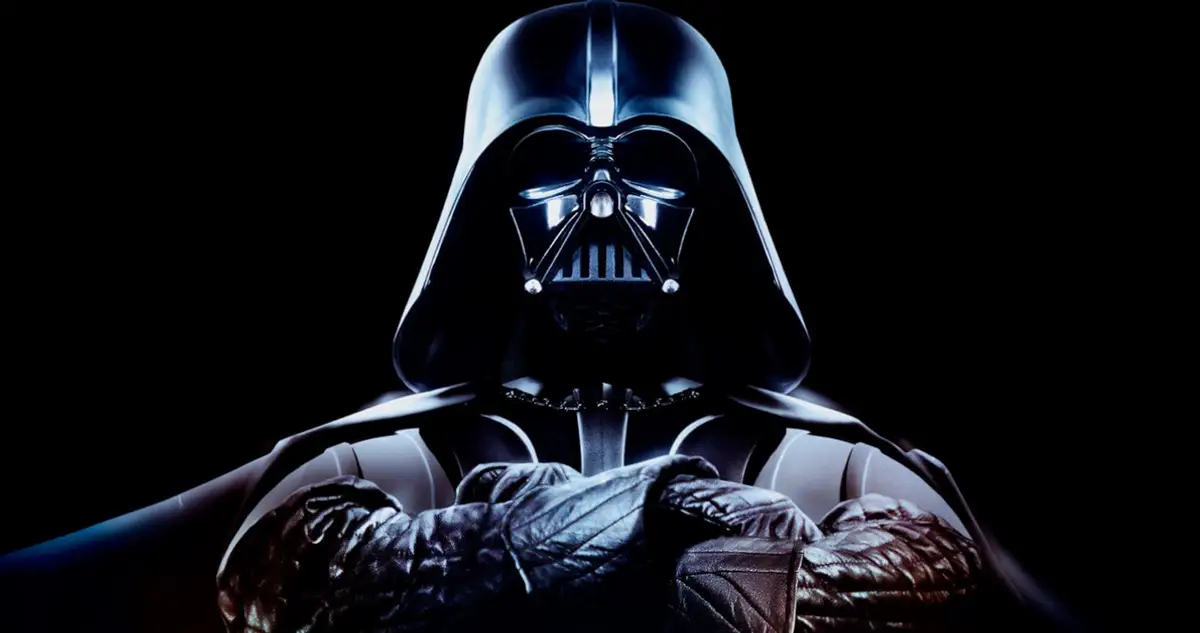 Retrato sombrio de Darth Vader, personagem da saga Star Wars, em traje preto e capacete icônico