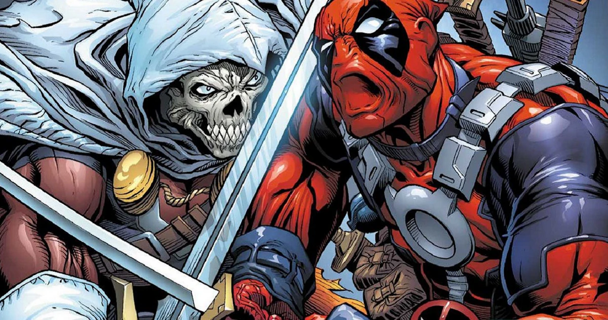 Deadpool, o anti-herói imprevisível e engraçado, com seu traje vermelho e preto e duas espadas nas mãos