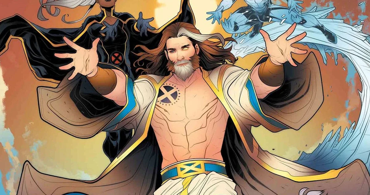 Nate Grey, o Poderoso XMan, com uniforme azul e amarelo, olhando determinado para frente