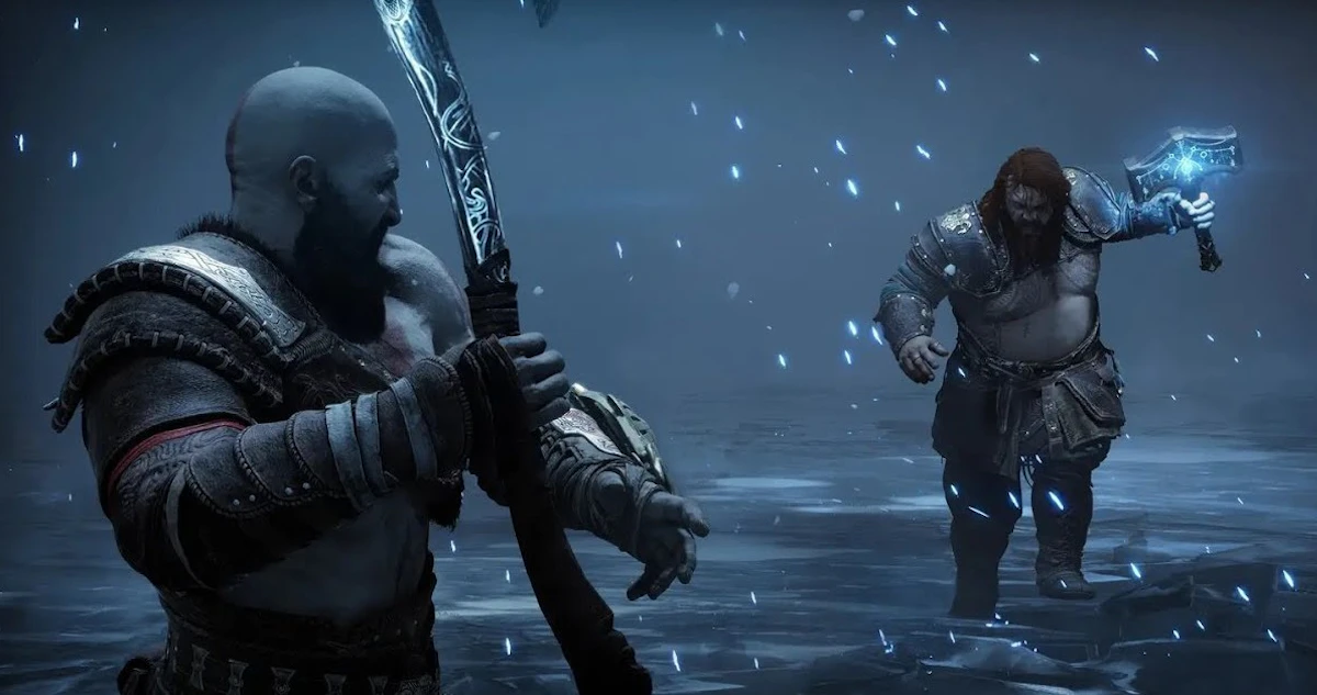 Kratos com sua icônica espada e escudo pronto para a batalha no próximo jogo 