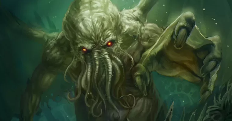 Ilustração de Cthulhu emergindo das profundezas marinhas